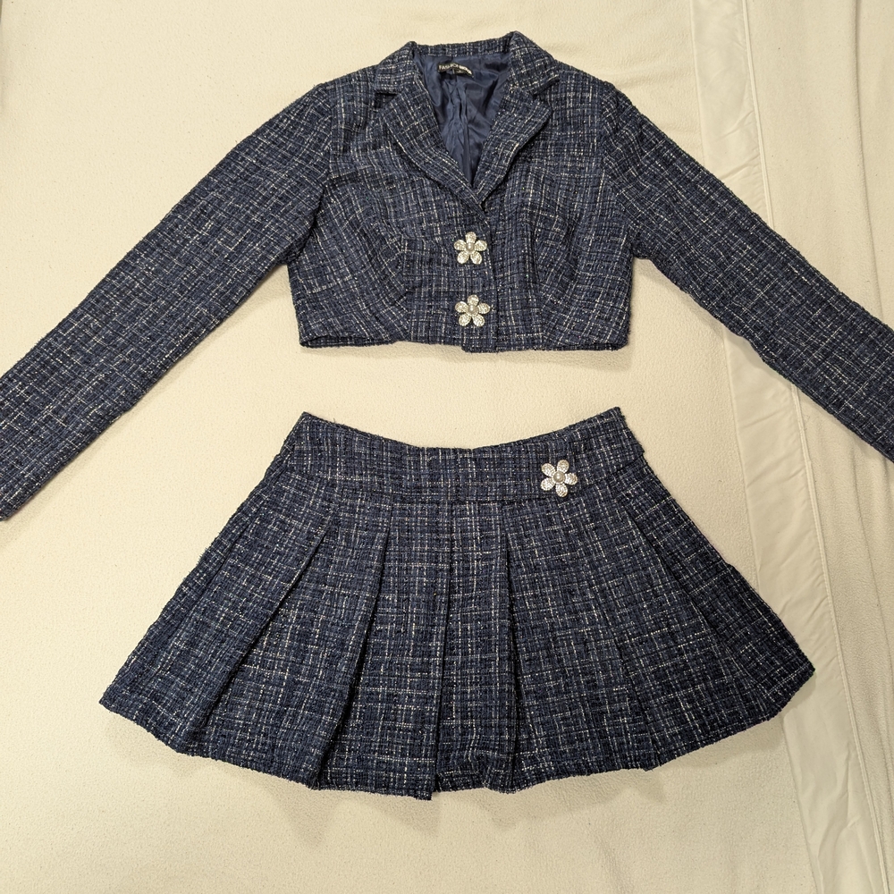 Gemmed Out Blue Tweed Skirt and Blazer Jacket Set - small*